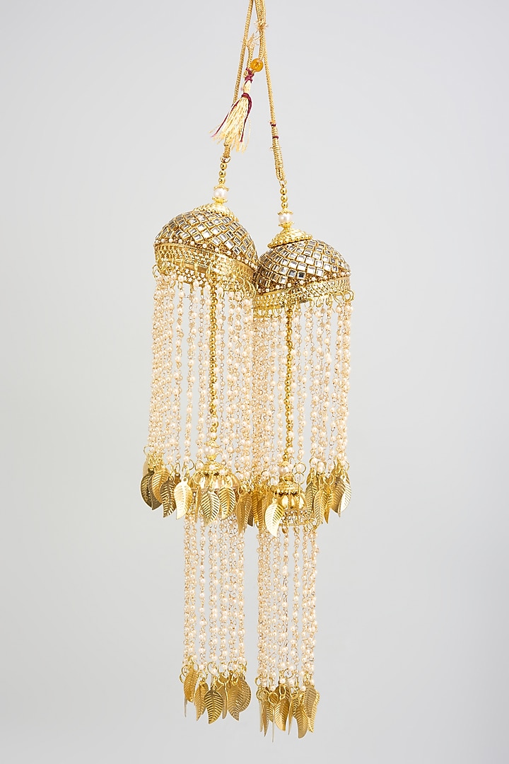 Gold Finish Beaded Strands Tying Kaleeras (Set Of 2) by Vivinia By Vidhi Mehra at Pernia's Pop Up Shop