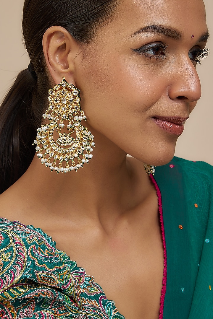 Gold Finish Kundan Polki Drop Meenakari Chandbali Earrings by Vivinia By Vidhi Mehra at Pernia's Pop Up Shop