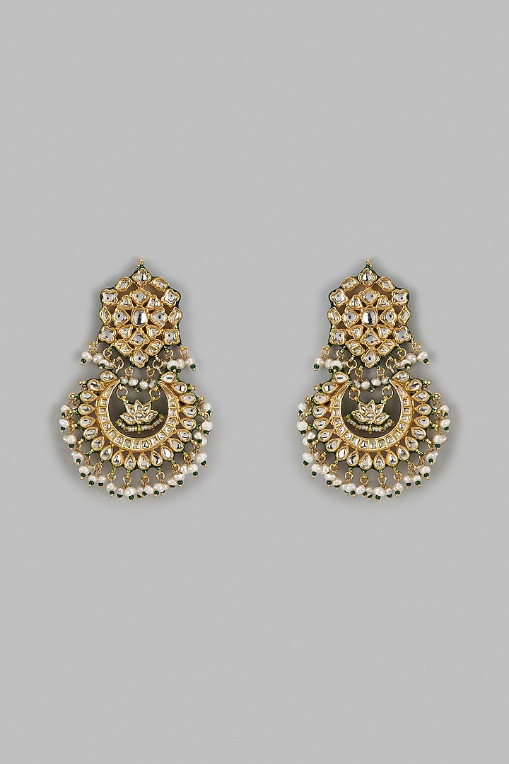 Gold Finish Kundan Polki Drop Meenakari Chandbali Earrings by Vivinia By Vidhi Mehra at Pernia's Pop Up Shop