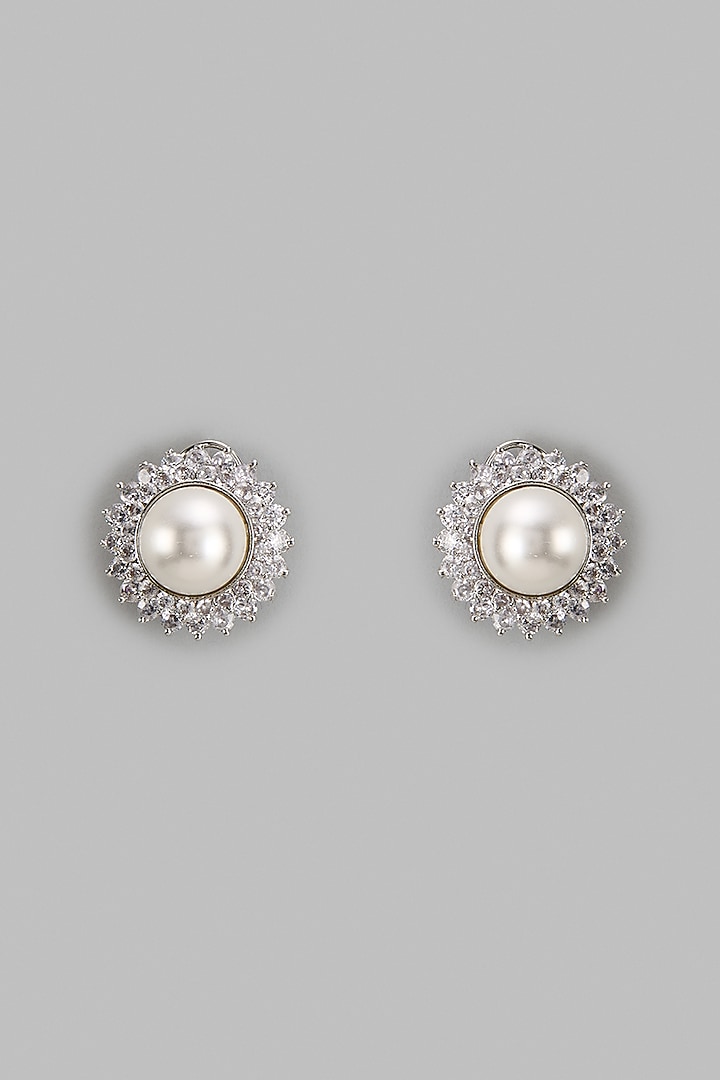 White Finish Zircon & Pearl Stud Earrings by Vivinia By Vidhi Mehra