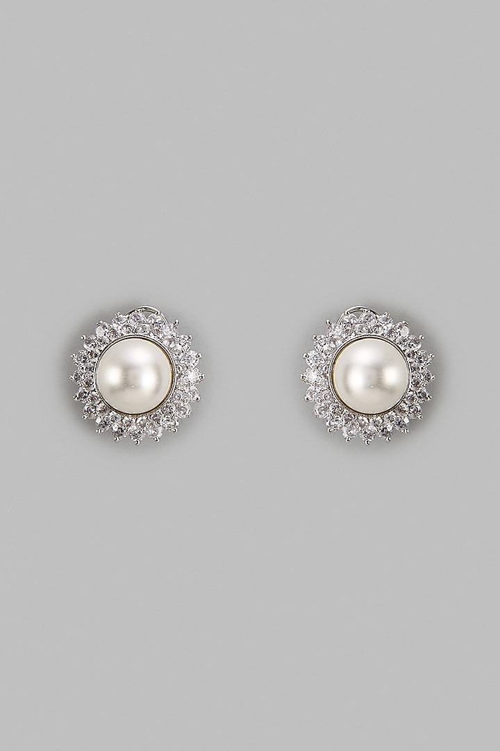 White Finish Zircon & Pearl Stud Earrings by Vivinia By Vidhi Mehra at Pernia's Pop Up Shop