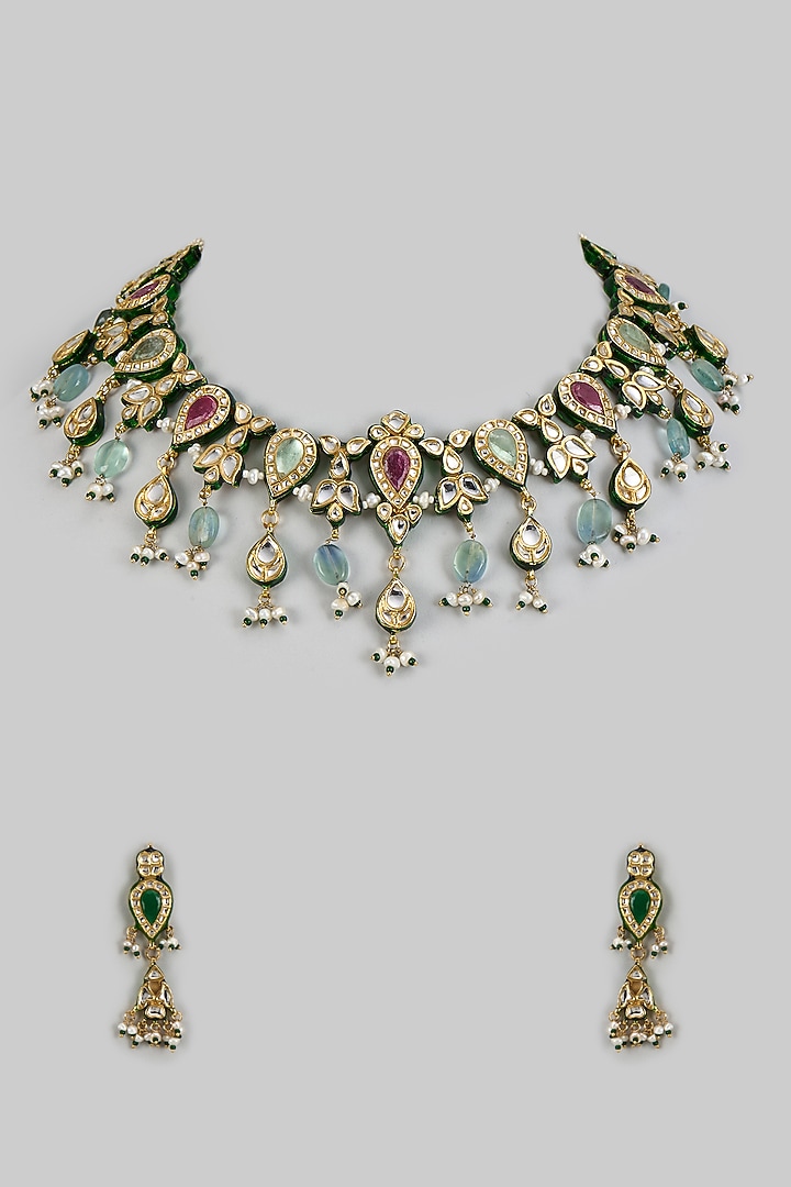 Gold Finish Kundan Polki & Synthetic Stone Necklace Set by Vivinia By Vidhi Mehra at Pernia's Pop Up Shop