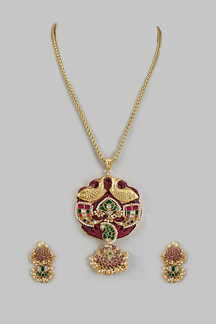 Gold Finish Zircon & Pearl Beaded Enameled Necklace Set by Vivinia By Vidhi Mehra at Pernia's Pop Up Shop