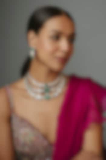 Gold Finish Kundan Polki & Emerald Synthetic Stone Layered Necklace Set by Vivinia By Vidhi Mehra