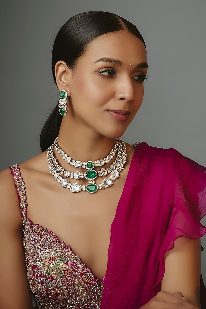 Gold Finish Kundan Polki & Emerald Synthetic Stone Layered Necklace Set by Vivinia By Vidhi Mehra