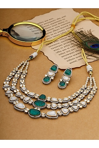 Gold Finish Kundan Polki & Green Stone Layered Necklace Set by Vivinia By Vidhi Mehra
