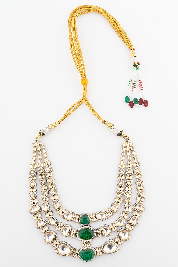 Gold Finish Kundan Polki & Green Stone Layered Necklace Set by Vivinia By Vidhi Mehra at Pernia's Pop Up Shop