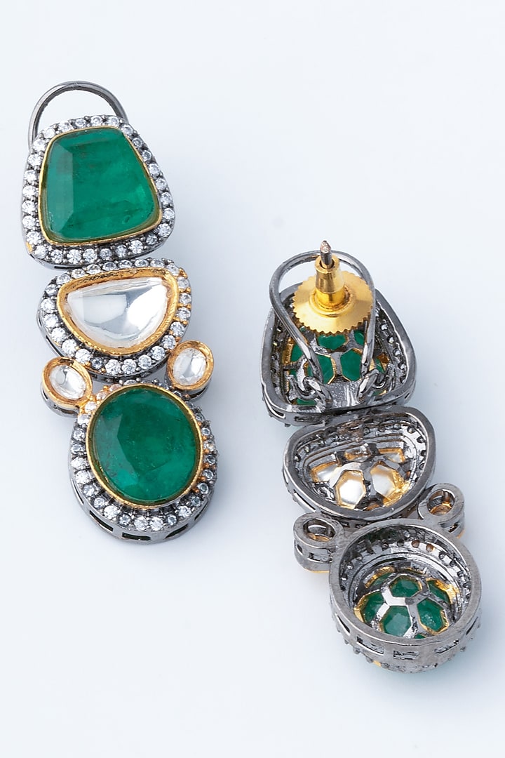 Gold Finish Kundan Polki & Green Stone Layered Necklace Set by Vivinia By Vidhi Mehra at Pernia's Pop Up Shop