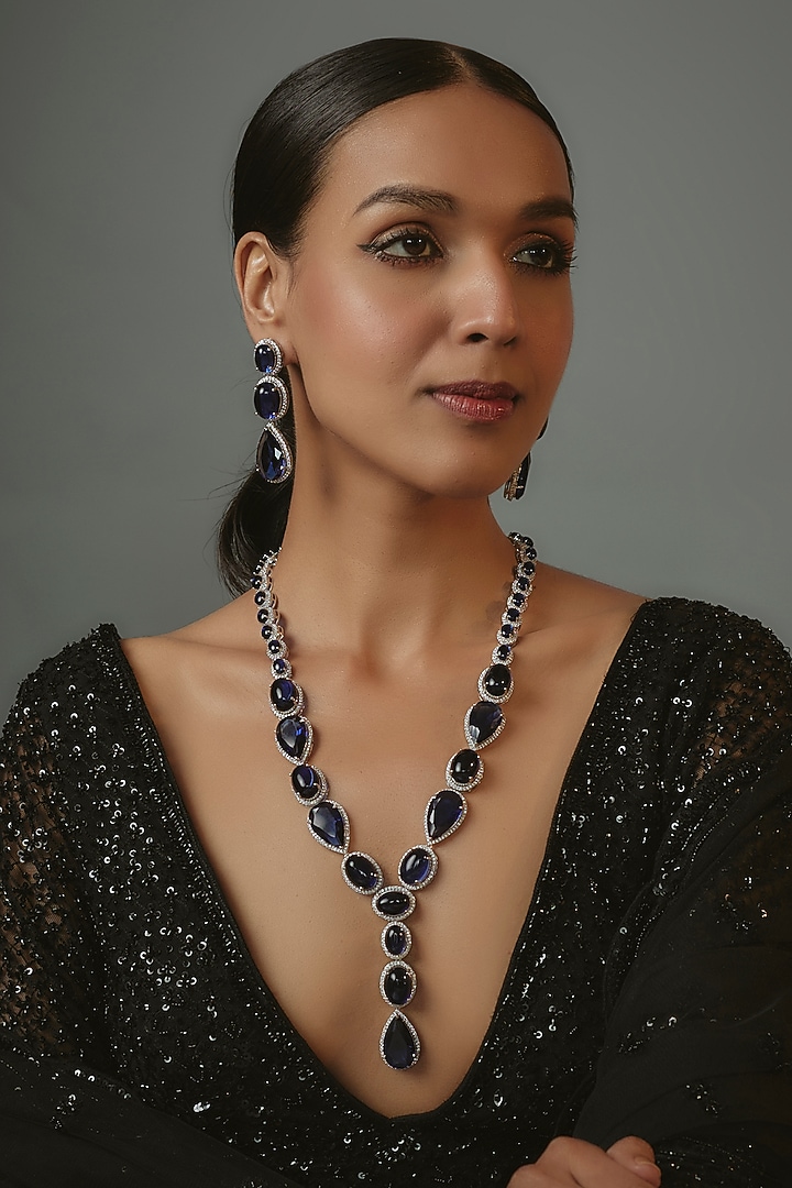 White Finish Zircon & Sapphire Synthetic Stone Necklace Set by Vivinia By Vidhi Mehra at Pernia's Pop Up Shop