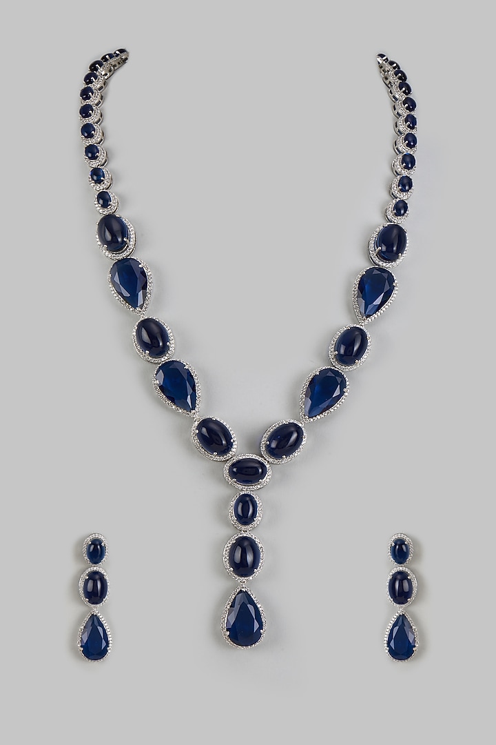 White Finish Zircon & Sapphire Synthetic Stone Necklace Set by Vivinia By Vidhi Mehra at Pernia's Pop Up Shop