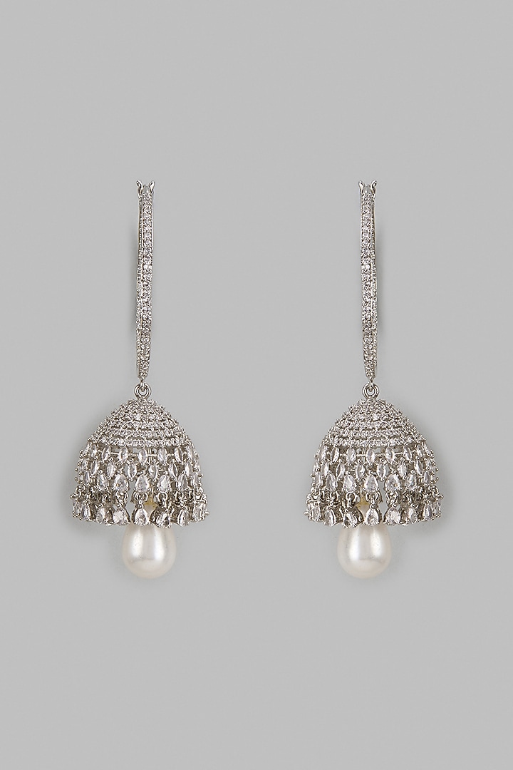 White Finish Zircon & Pearl Jhumka Earrings by Vivinia By Vidhi Mehra at Pernia's Pop Up Shop