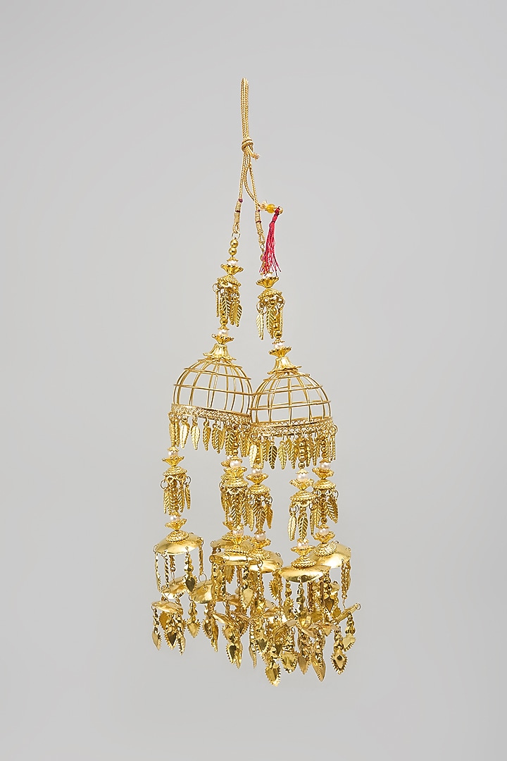 Gold Finish Leaf Charm Tying Kaleeras (Set Of 2) by Vivinia By Vidhi Mehra at Pernia's Pop Up Shop