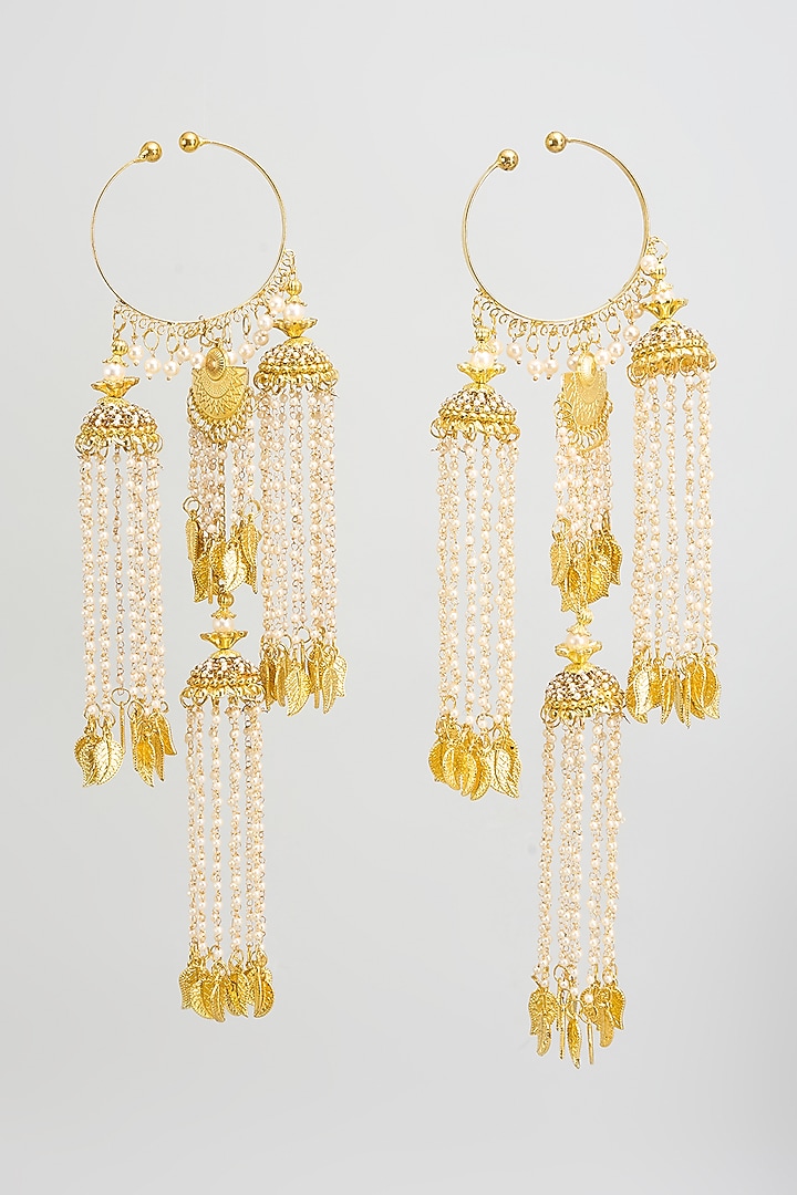 Gold Finish Pearl & Hanging Charm Tying Kaleeras (Set Of 2) by Vivinia By Vidhi Mehra at Pernia's Pop Up Shop