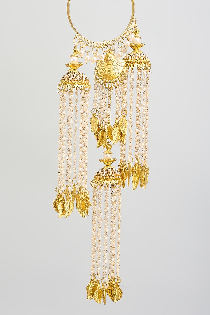 Gold Finish Pearl & Hanging Charm Tying Kaleeras (Set Of 2) by Vivinia By Vidhi Mehra at Pernia's Pop Up Shop