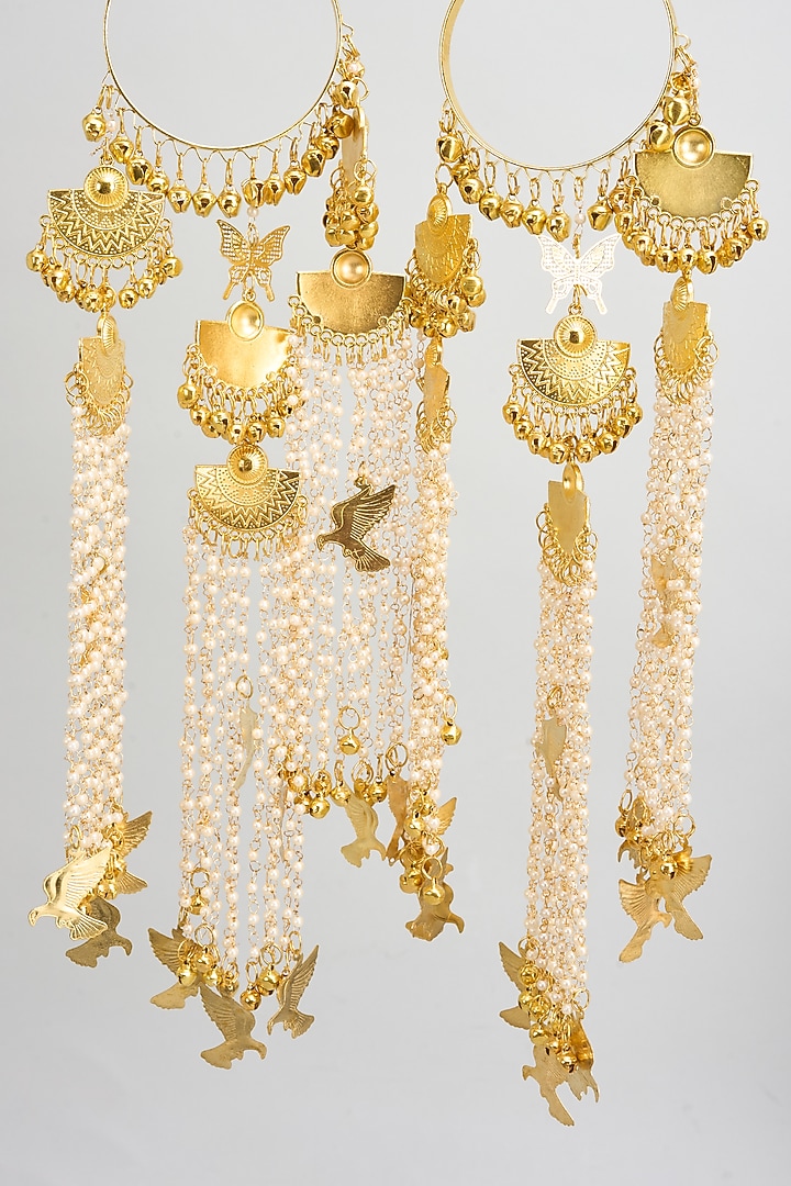 Gold Finish Beaded & Bird Charm Bangle Kaleeras (Set Of 2) by Vivinia By Vidhi Mehra at Pernia's Pop Up Shop