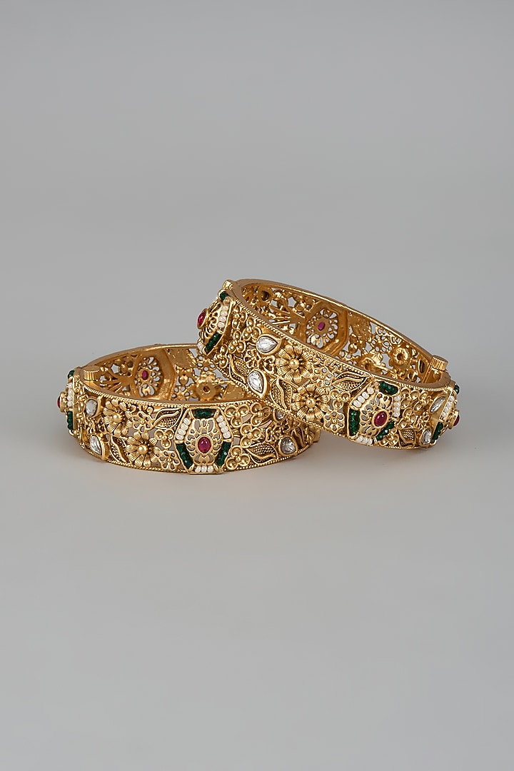 Gold Finish Onyx Bangles (Set Of 2) by Vivinia By Vidhi Mehra at Pernia's Pop Up Shop