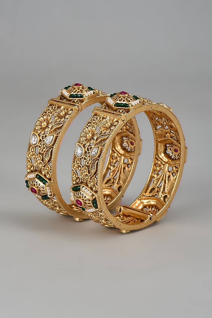 Gold Finish Onyx Bangles (Set Of 2) by Vivinia By Vidhi Mehra at Pernia's Pop Up Shop