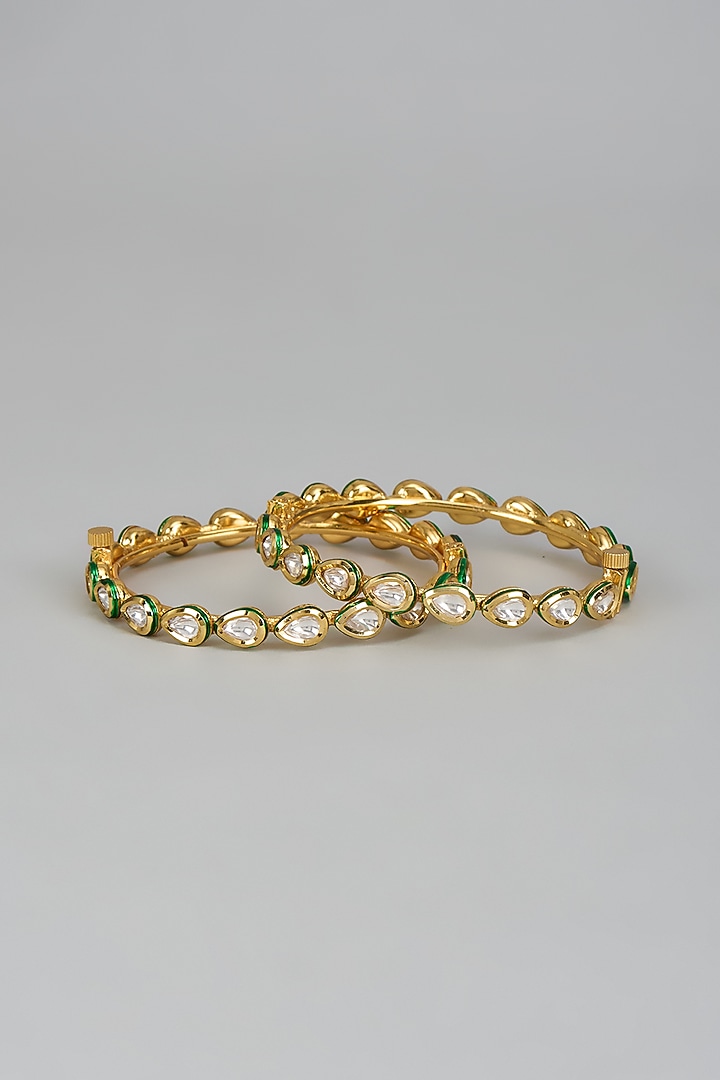 Gold Finish Kundan Polki Meenakari Bangles (Set Of 2) by Vivinia By Vidhi Mehra at Pernia's Pop Up Shop