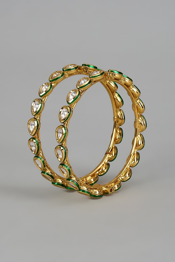Gold Finish Kundan Polki Meenakari Bangles (Set Of 2) by Vivinia By Vidhi Mehra at Pernia's Pop Up Shop