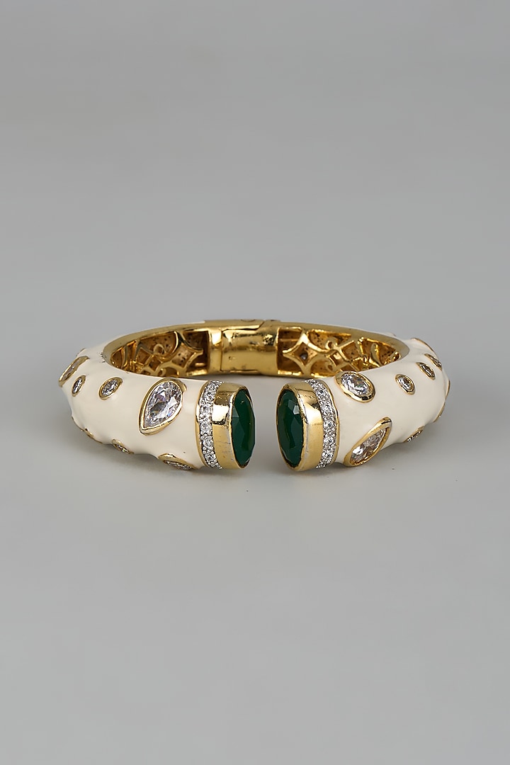 Gold Finish Emerald Synthetic Stone Enamelled Bangle by Vivinia By Vidhi Mehra