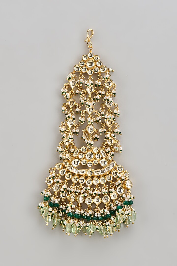 Gold Finish Kundan Polki & Green Beaded Pasa by Vivinia By Vidhi Mehra at Pernia's Pop Up Shop