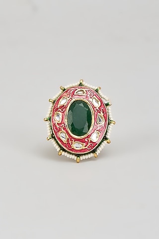 Gold Finish Kundan Polki & Red Onyx Ring by Vivinia By Vidhi Mehra