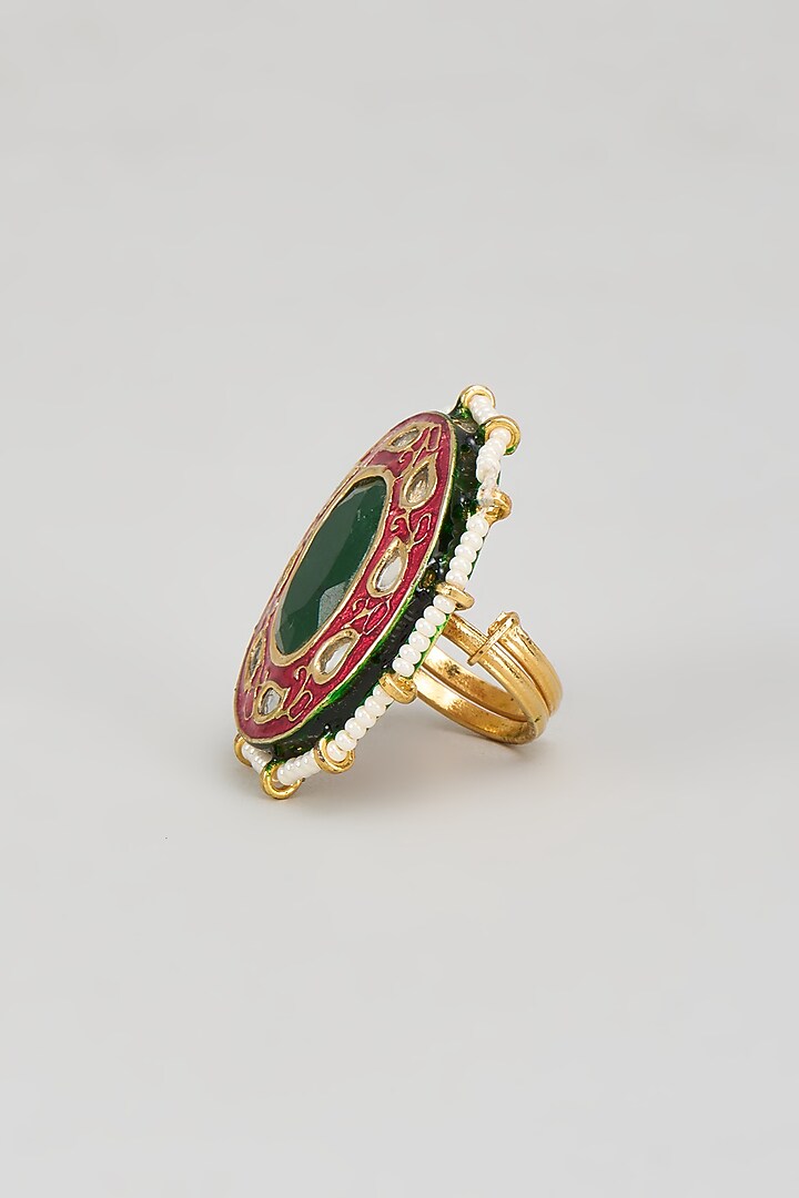 Gold Finish Kundan Polki & Red Onyx Ring by Vivinia By Vidhi Mehra at Pernia's Pop Up Shop