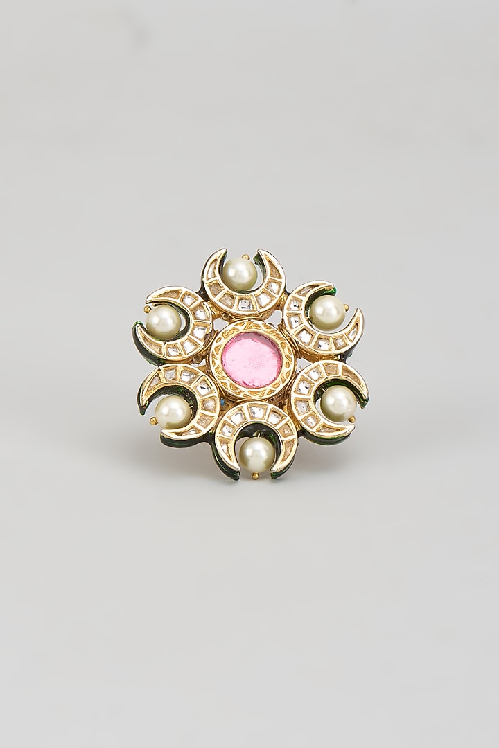 Gold Finish Kundan Polki & Pink Onyx Ring by Vivinia By Vidhi Mehra at Pernia's Pop Up Shop