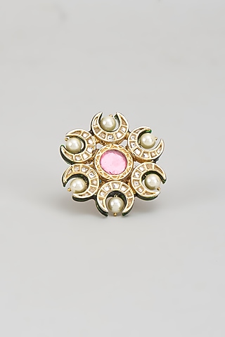 Gold Finish Kundan Polki & Pink Onyx Ring by Vivinia By Vidhi Mehra
