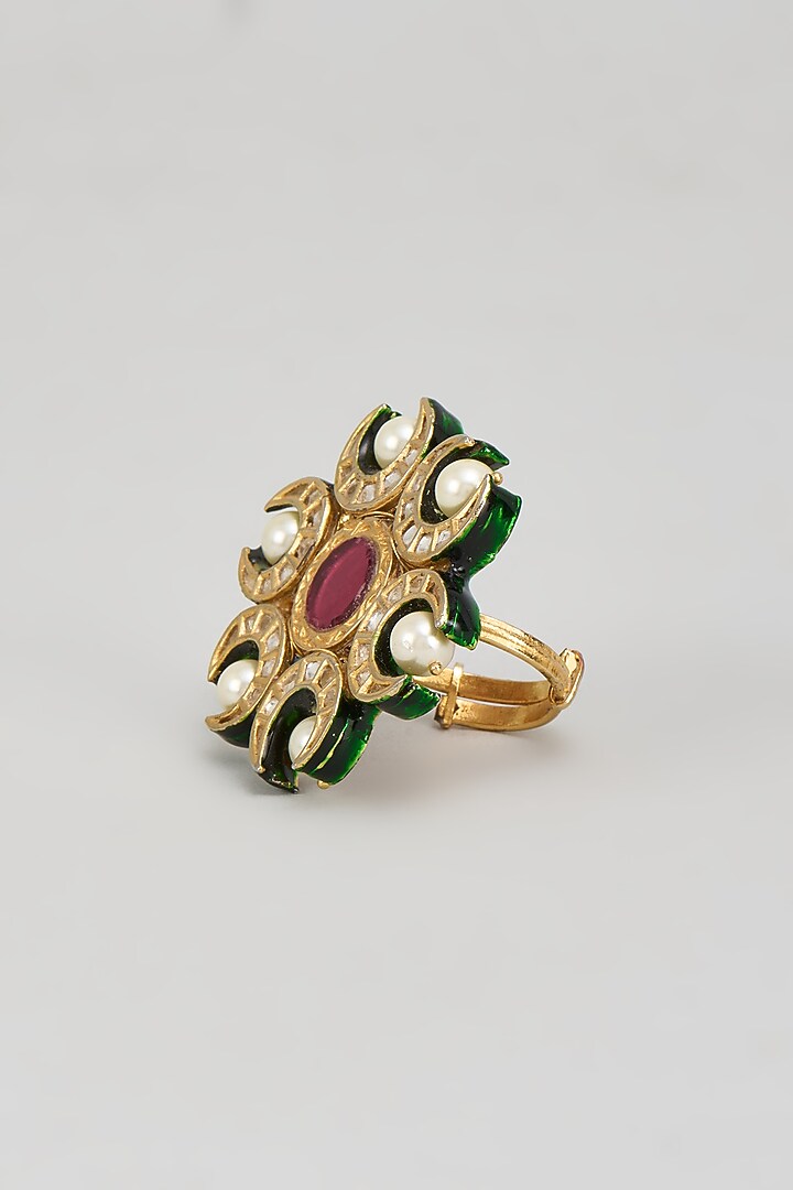 Gold Finish Kundan Polki & Pink Onyx Ring by Vivinia By Vidhi Mehra at Pernia's Pop Up Shop