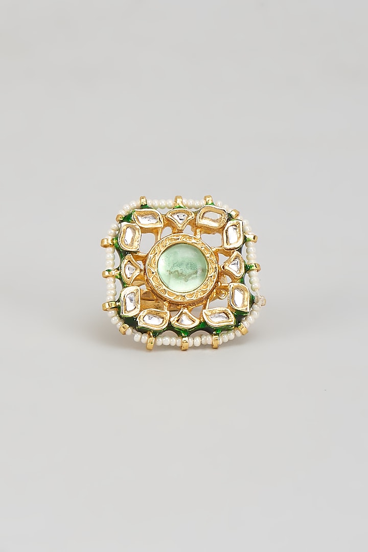 Gold Finish Kundan Polki & Green Onyx Ring by Vivinia By Vidhi Mehra at Pernia's Pop Up Shop