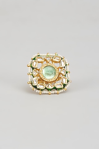 Gold Finish Kundan Polki & Green Onyx Ring by Vivinia By Vidhi Mehra
