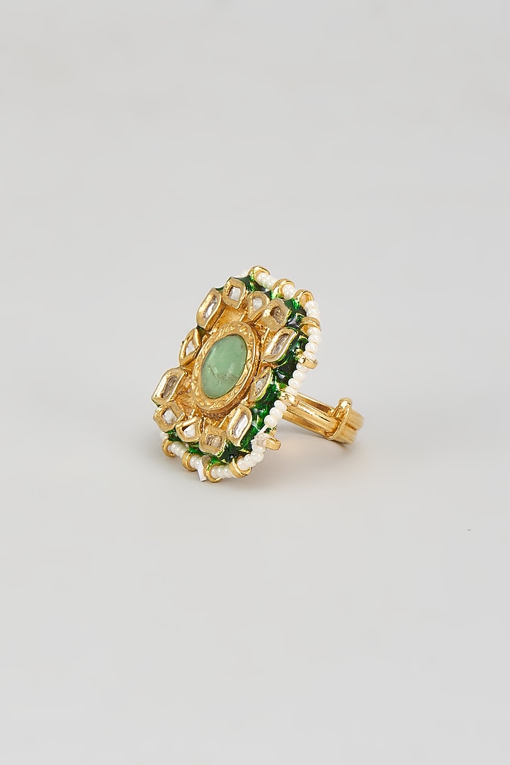 Gold Finish Kundan Polki & Green Onyx Ring by Vivinia By Vidhi Mehra at Pernia's Pop Up Shop
