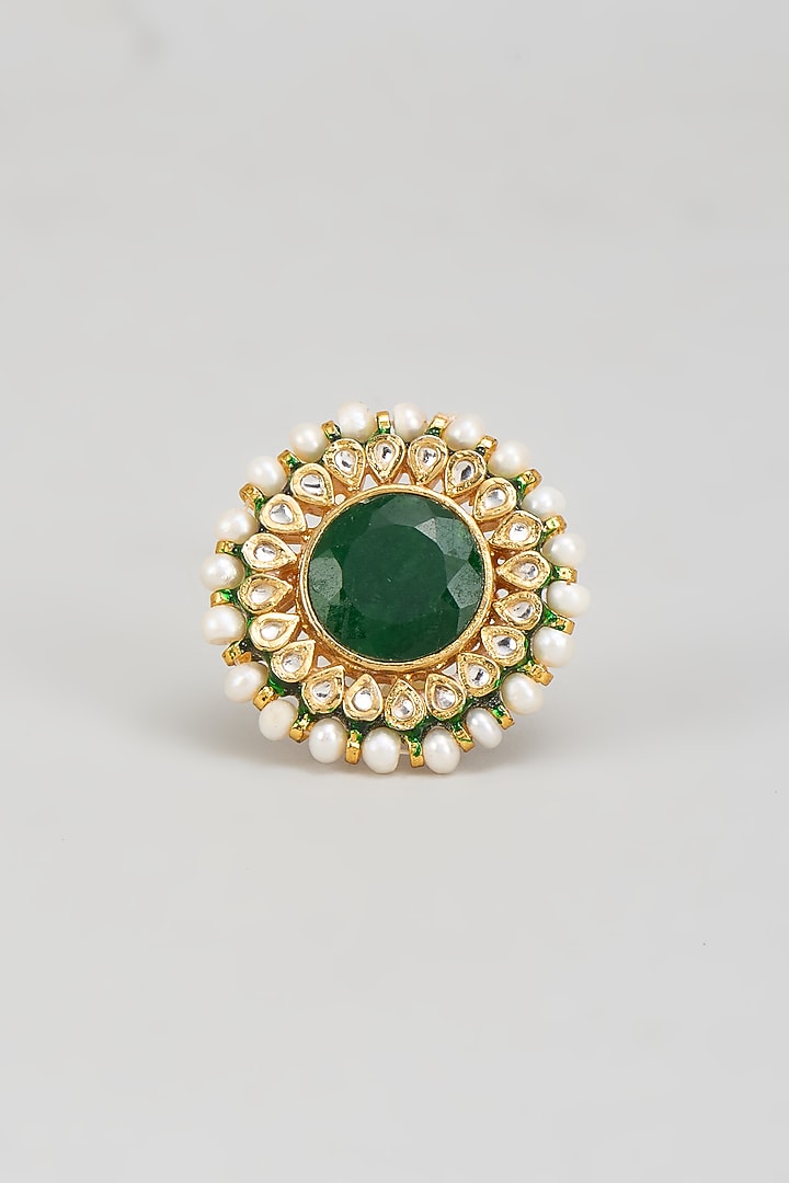 Gold Finish Kundan Polki & Green Onyx Beaded Ring by Vivinia By Vidhi Mehra at Pernia's Pop Up Shop