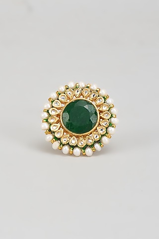 Gold Finish Kundan Polki & Green Onyx Beaded Ring by Vivinia By Vidhi Mehra