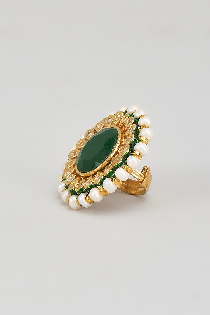 Gold Finish Kundan Polki & Green Onyx Beaded Ring by Vivinia By Vidhi Mehra at Pernia's Pop Up Shop