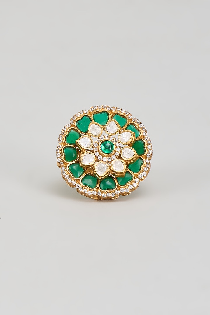 Gold Finish Kundan Polki & Green Stone Ring by Vivinia By Vidhi Mehra at Pernia's Pop Up Shop