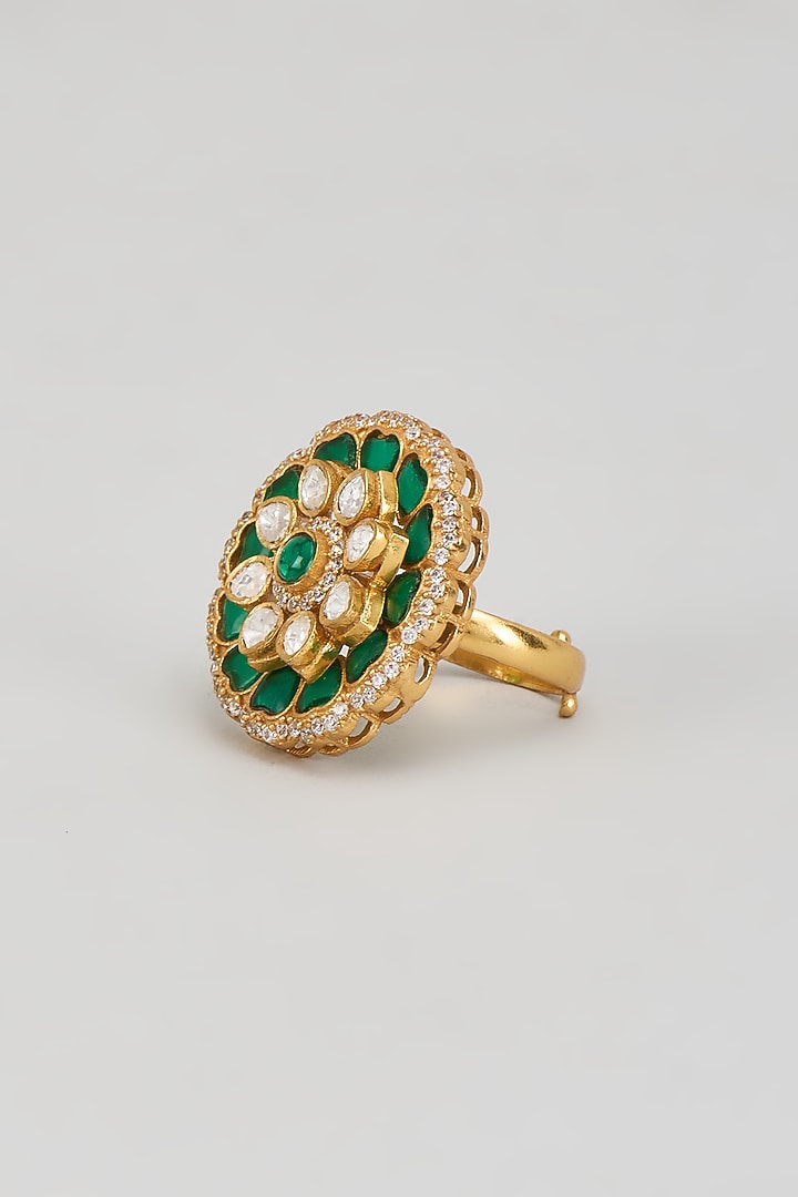 Gold Finish Kundan Polki & Green Stone Ring by Vivinia By Vidhi Mehra at Pernia's Pop Up Shop