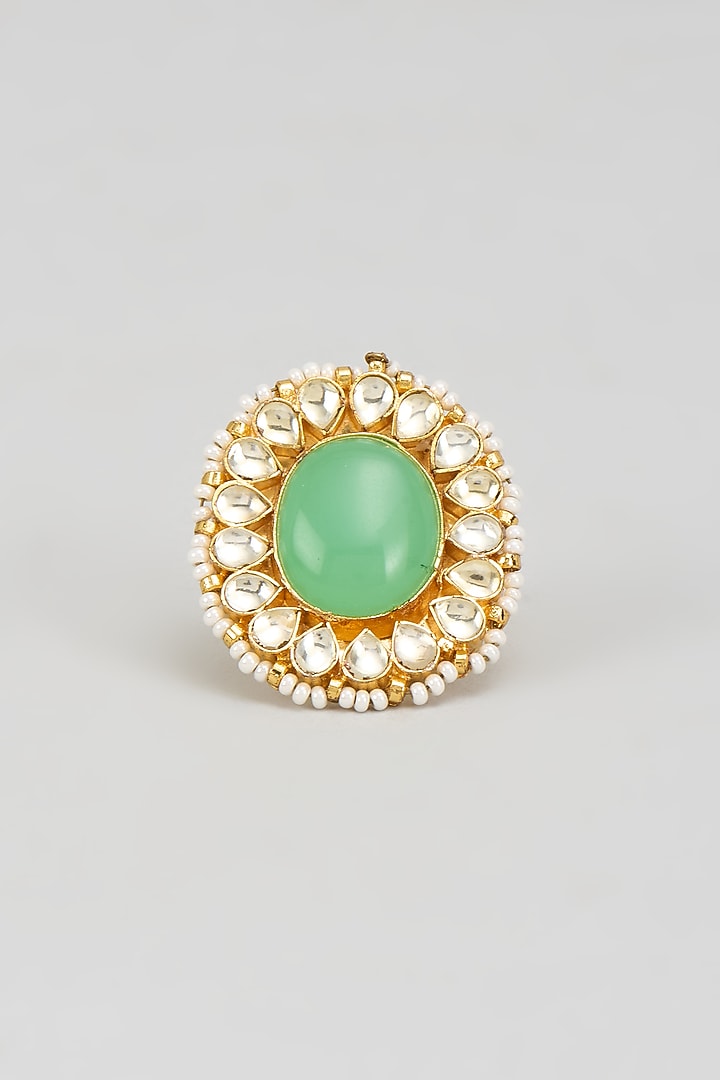 Gold Finish Kundan Polki & Green Onyx Ring by Vivinia By Vidhi Mehra at Pernia's Pop Up Shop