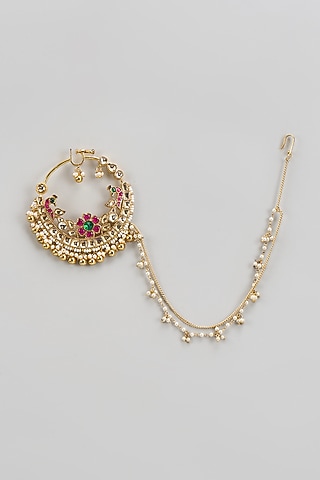 Gold Finish Kundan Polki & Red Beaded Nath by Vivinia By Vidhi Mehra