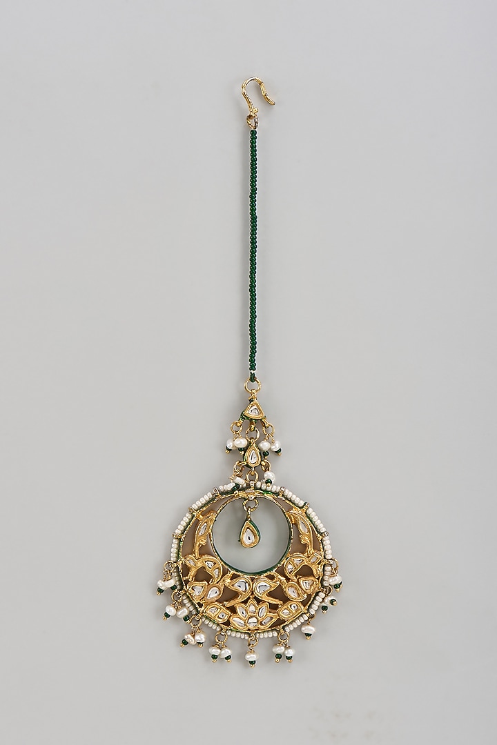 Gold Finish Kundan Polki & Green Beaded Maangtikka by Vivinia By Vidhi Mehra at Pernia's Pop Up Shop