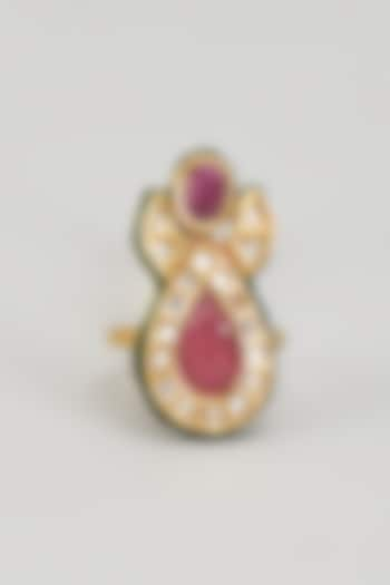 Gold Finish Kundan Polki & Red Onyx Enameled Ring by Vivinia By Vidhi Mehra at Pernia's Pop Up Shop