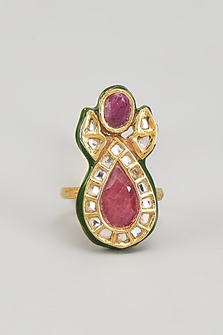 Gold Finish Kundan Polki & Red Onyx Enameled Ring by Vivinia By Vidhi Mehra