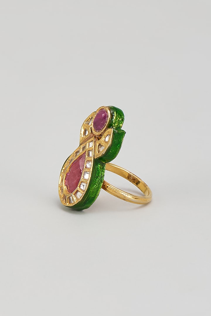 Gold Finish Kundan Polki & Red Onyx Enameled Ring by Vivinia By Vidhi Mehra at Pernia's Pop Up Shop