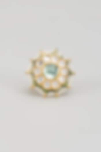 Gold Finish Kundan Polki & Green Beaded Enameled Ring by Vivinia By Vidhi Mehra at Pernia's Pop Up Shop
