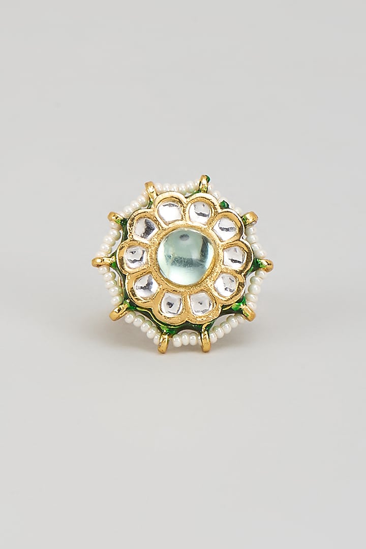 Gold Finish Kundan Polki & Green Beaded Enameled Ring by Vivinia By Vidhi Mehra at Pernia's Pop Up Shop