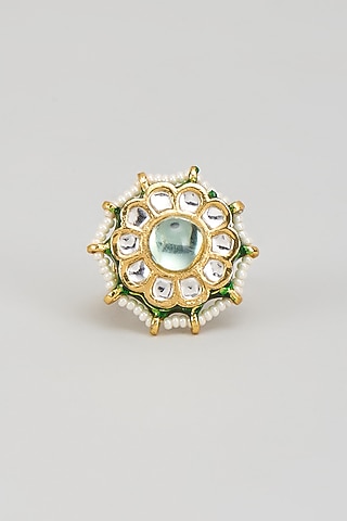 Gold Finish Kundan Polki & Green Beaded Enameled Ring by Vivinia By Vidhi Mehra