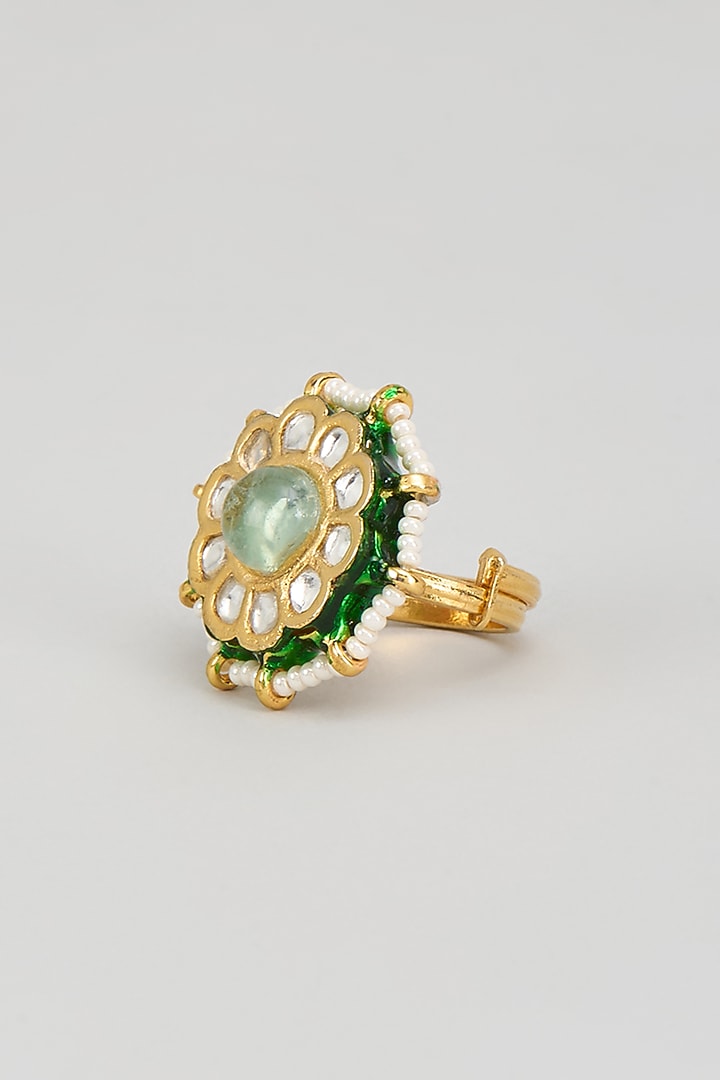 Gold Finish Kundan Polki & Green Beaded Enameled Ring by Vivinia By Vidhi Mehra at Pernia's Pop Up Shop