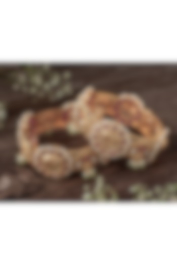 Gold Finish Pink & Green Gemstone Temple Bangles (Set Of 2) by Vivinia By Vidhi Mehra at Pernia's Pop Up Shop