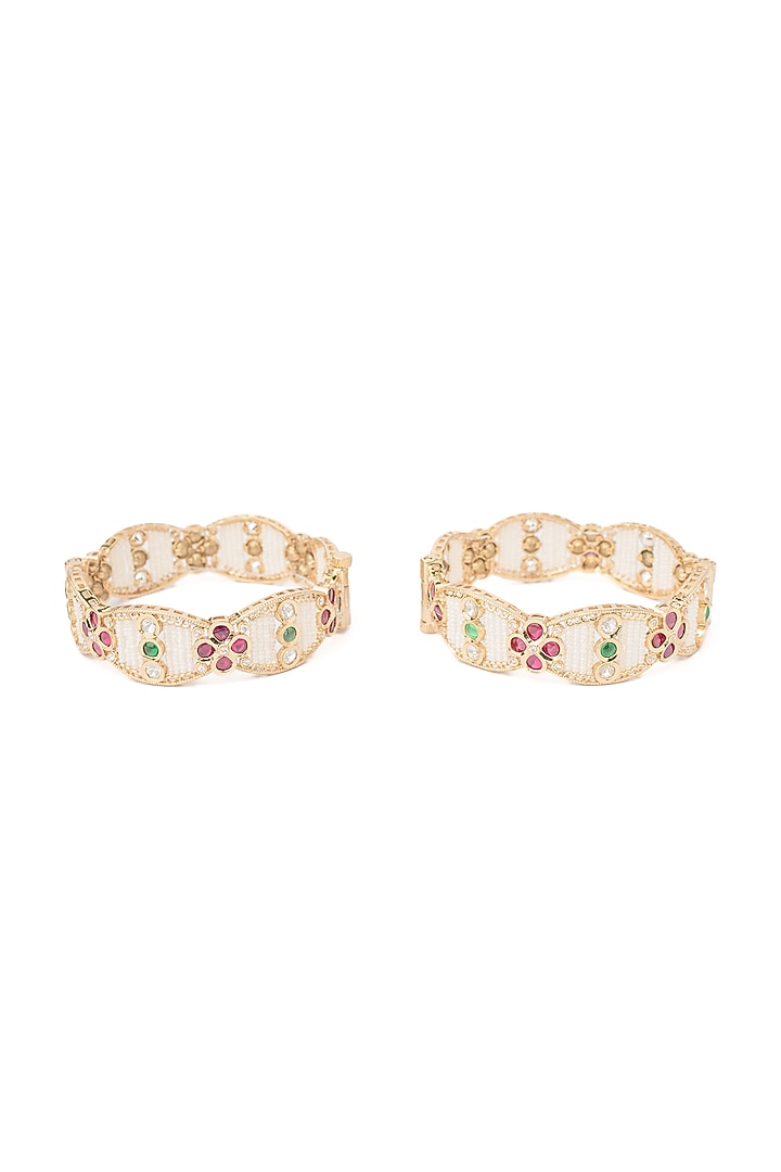 Gold Finish Pink & Green Gemstone Beaded Bangles (Set Of 2) by Vivinia By Vidhi Mehra at Pernia's Pop Up Shop